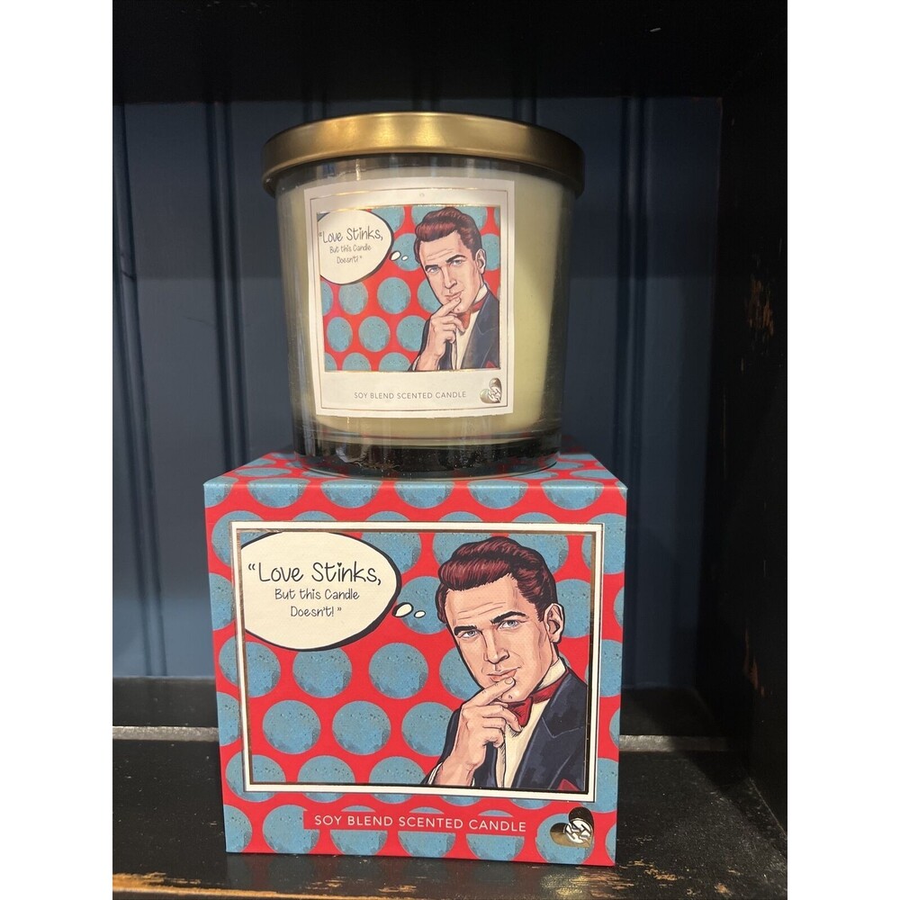 NEW! Huntington Home Pop Art 14 oz Soy Blend Jar Candle Love Stinks w/ Gift Box